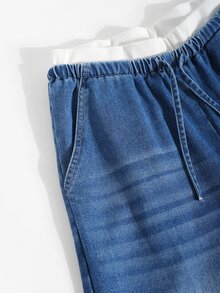 SHEIN 女款 Y2K 秋季雙腰彈性腰帶藍白休閒寬鬆寬腿牛仔褲，對比色腰帶，2合1設計；深藍色水洗牛仔褲，抽繩腰帶設計，適合返校季、大學、學校 - 深色水洗藍 - 查看 8