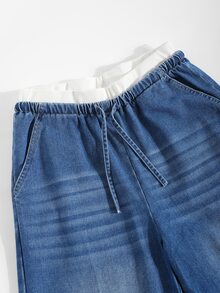SHEIN 女款 Y2K 秋季雙腰彈性腰帶藍白休閒寬鬆寬腿牛仔褲，對比色腰帶，2合1設計；深藍色水洗牛仔褲，抽繩腰帶設計，適合返校季、大學、學校 - 深色水洗藍 - 查看 7