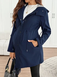 SHEIN Maternity Solid Color Long Sleeve Drawstring Waist Casual Hooded 3-In-1 Jacket - Navy Blue - View 6