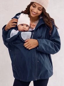SHEIN Maternity Solid Color Long Sleeve Drawstring Waist Casual Hooded 3-In-1 Jacket - Navy Blue - View 3