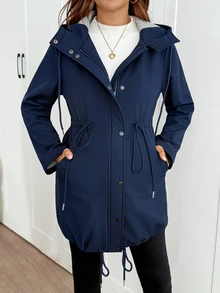SHEIN Maternity Solid Color Long Sleeve Drawstring Waist Casual Hooded 3-In-1 Jacket - Navy Blue - View 7