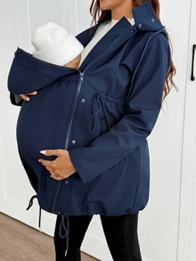 SHEIN Maternity Solid Color Long Sleeve Drawstring Waist Casual Hooded 3-In-1 Jacket - Navy Blue - View 11