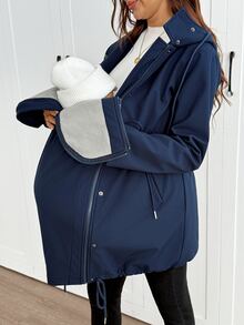 SHEIN Maternity Solid Color Long Sleeve Drawstring Waist Casual Hooded 3-In-1 Jacket - Navy Blue - View 8