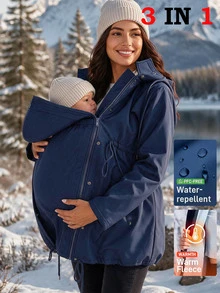 SHEIN Maternity Solid Color Long Sleeve Drawstring Waist Casual Hooded 3-In-1 Jacket - Navy Blue - View 12