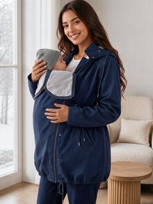 SHEIN Maternity Solid Color Long Sleeve Drawstring Waist Casual Hooded 3-In-1 Jacket - Navy Blue - View 4