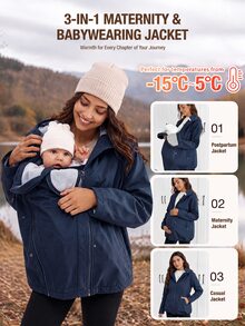 SHEIN Maternity Solid Color Long Sleeve Drawstring Waist Casual Hooded 3-In-1 Jacket - Navy Blue - View 1