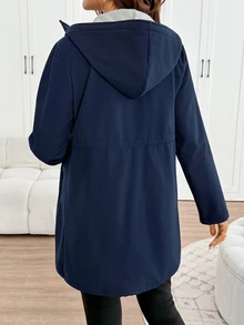 SHEIN Maternity Solid Color Long Sleeve Drawstring Waist Casual Hooded 3-In-1 Jacket - Navy Blue - View 5