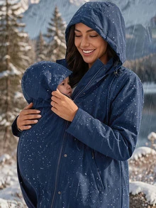 SHEIN Maternity Solid Color Long Sleeve Drawstring Waist Casual Hooded 3-In-1 Jacket - Navy Blue - View 2