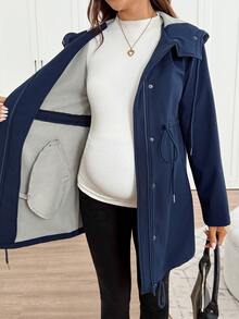 SHEIN Maternity Solid Color Long Sleeve Drawstring Waist Casual Hooded 3-In-1 Jacket - Navy Blue - View 13