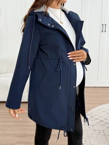 SHEIN Maternity Solid Color Long Sleeve Drawstring Waist Casual Hooded 3-In-1 Jacket - Navy Blue - View 9