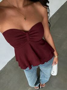 Glamine Tie Backless Ruched Bust Babydoll Tube Top Party Night Out Burgundy Summer Sexy - Red - View 6