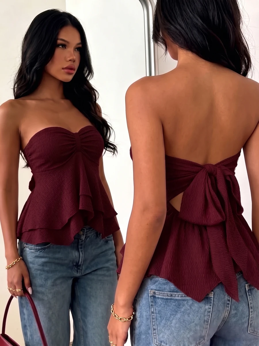 Glamine Tie Backless Ruched Bust Babydoll Tube Top Party Night Out Burgundy Summer Sexy - Red - View 1