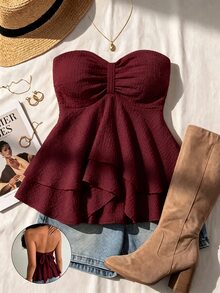 Glamine Tie Backless Ruched Bust Babydoll Tube Top Party Night Out Burgundy Summer Sexy - Red - View 3
