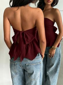 Glamine Tie Backless Ruched Bust Babydoll Tube Top Party Night Out Burgundy Summer Sexy - Red - View 2