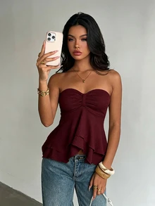 Glamine Tie Backless Ruched Bust Babydoll Tube Top Party Night Out Burgundy Summer Sexy - Red - View 7