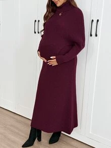 SHEIN Maternity Solid Color High Neck Batwing Long Sleeve Sweater And Adjustable Waist Knit Skirt Set,Autumn And Winter - Burgundy - View 7