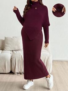 SHEIN Maternity Solid Color High Neck Batwing Long Sleeve Sweater And Adjustable Waist Knit Skirt Set,Autumn And Winter - Burgundy - View 1