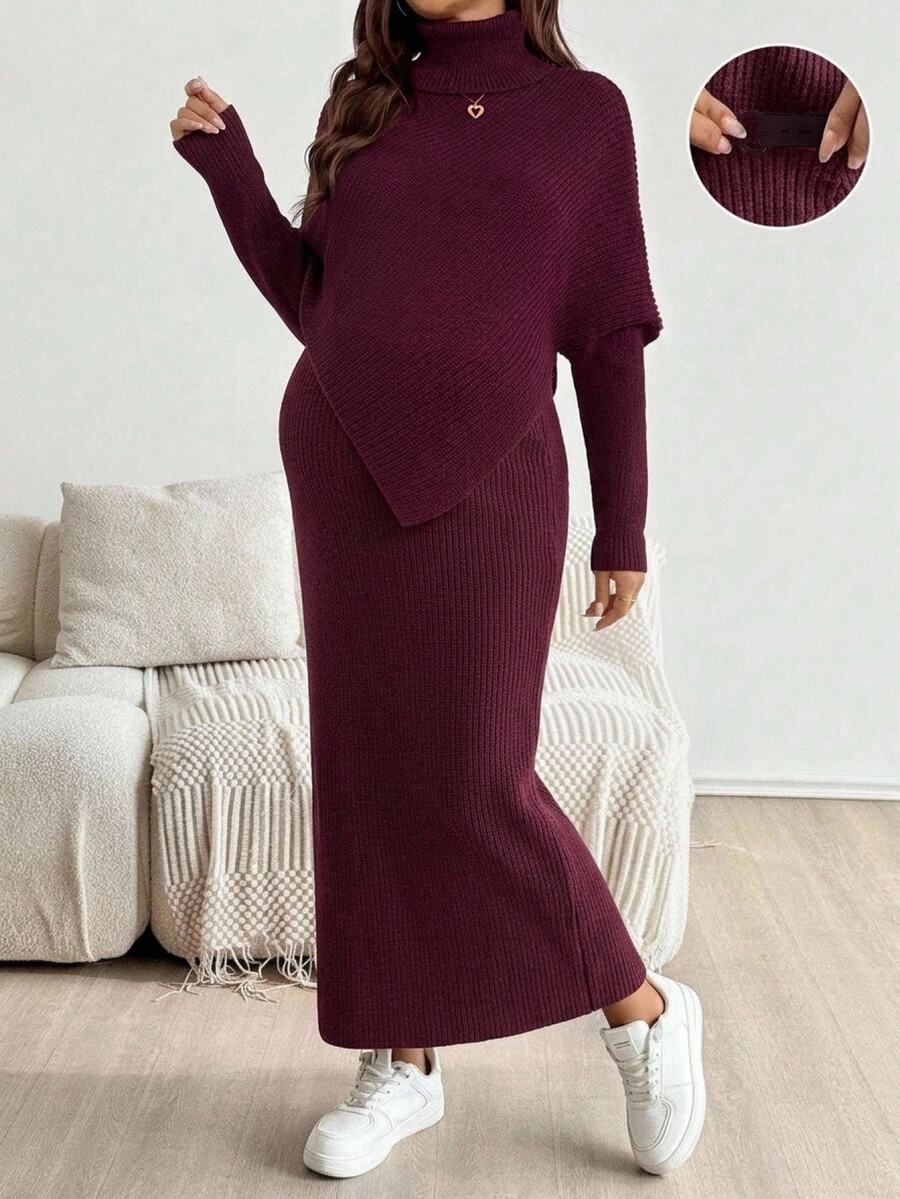 SHEIN Maternity Solid Color High Neck Batwing Long Sleeve Sweater And Adjustable Waist Knit Skirt Set,Autumn And Winter - Burgundy - View 1