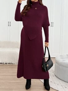 SHEIN Maternity Solid Color High Neck Batwing Long Sleeve Sweater And Adjustable Waist Knit Skirt Set,Autumn And Winter - Burgundy - View 4