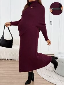 SHEIN Maternity Solid Color High Neck Batwing Long Sleeve Sweater And Adjustable Waist Knit Skirt Set,Autumn And Winter - Burgundy - View 3
