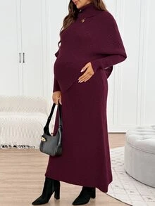 SHEIN Maternity Solid Color High Neck Batwing Long Sleeve Sweater And Adjustable Waist Knit Skirt Set,Autumn And Winter - Burgundy - View 5