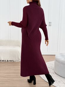 SHEIN Maternity Solid Color High Neck Batwing Long Sleeve Sweater And Adjustable Waist Knit Skirt Set,Autumn And Winter - Burgundy - View 2