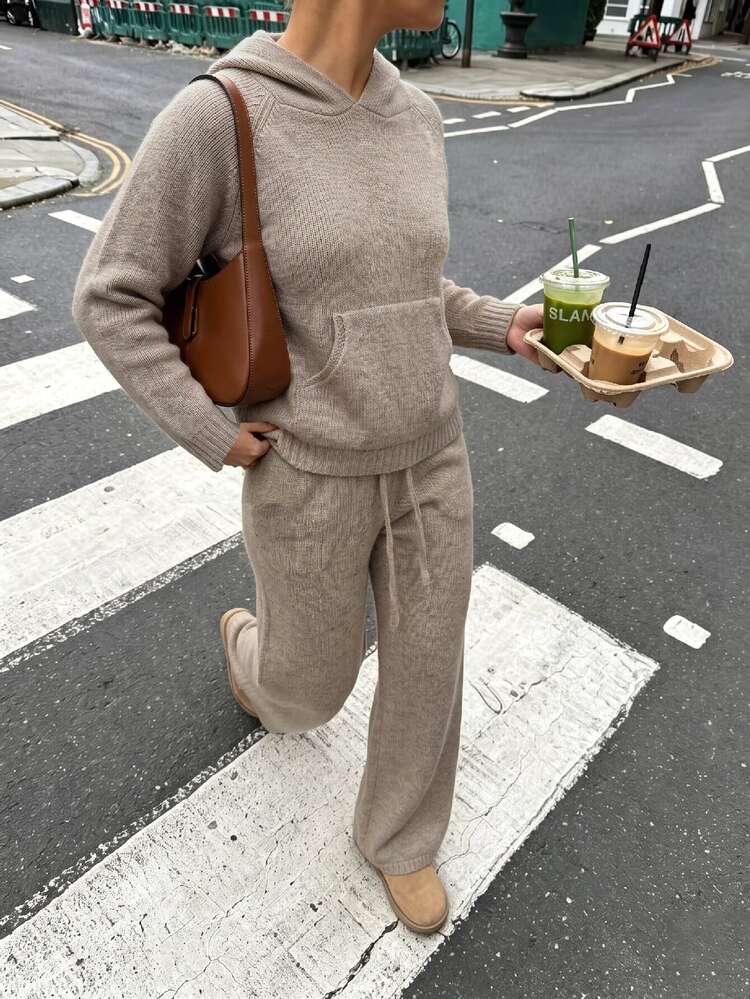 Easura 大尺碼女款秋季純色休閒優雅針織套裝，連帽抽繩上衣搭配直筒寬腿褲，2件套，居家正式灰色 - 咖啡棕 - 查看 4
