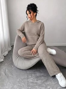 Easura Plus Size Women's Fall Solid Color Casual Elegant Knit Set, Hooded Top With Drawstring And Straight Wide Leg Pants, 2 Pieces Set, Lounge Formal Grey - Coffee Brown - View 3