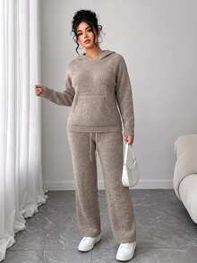 Easura Plus Size Women's Fall Solid Color Casual Elegant Knit Set, Hooded Top With Drawstring And Straight Wide Leg Pants, 2 Pieces Set, Lounge Formal Grey - Coffee Brown - View 5
