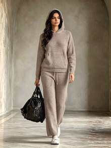 Easura Plus Size Women's Fall Solid Color Casual Elegant Knit Set, Hooded Top With Drawstring And Straight Wide Leg Pants, 2 Pieces Set, Lounge Formal Grey - Coffee Brown - View 1