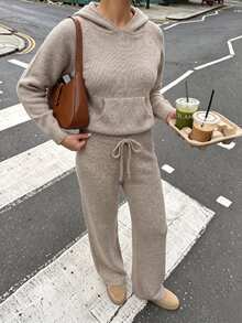 Easura Plus Size Women's Fall Solid Color Casual Elegant Knit Set, Hooded Top With Drawstring And Straight Wide Leg Pants, 2 Pieces Set, Lounge Formal Grey - Coffee Brown - View 6