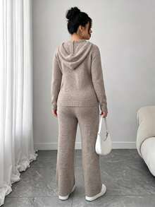 Easura Plus Size Women's Fall Solid Color Casual Elegant Knit Set, Hooded Top With Drawstring And Straight Wide Leg Pants, 2 Pieces Set, Lounge Formal Grey - Coffee Brown - View 2