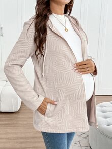 SHEIN Maternity Solid Color Long Sleeve Zip-Up Hooded 3-In-1 Jacket - Apricot - View 8