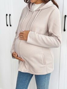 SHEIN Maternity Solid Color Long Sleeve Zip-Up Hooded 3-In-1 Jacket - Apricot - View 5