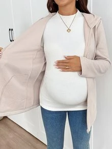 SHEIN Maternity Solid Color Long Sleeve Zip-Up Hooded 3-In-1 Jacket - Apricot - View 10