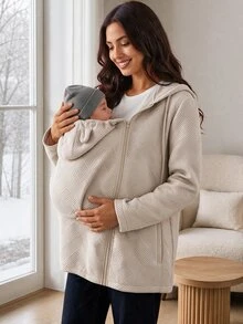 SHEIN Maternity Solid Color Long Sleeve Zip-Up Hooded 3-In-1 Jacket - Apricot - View 2
