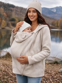 SHEIN Maternity Solid Color Long Sleeve Zip-Up Hooded 3-In-1 Jacket - Apricot - View 11