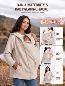 SHEIN Maternity Solid Color Long Sleeve Zip-Up Hooded 3-In-1 Jacket - Apricot - View 1
