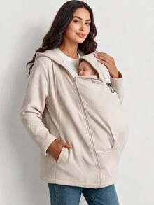 SHEIN Maternity Solid Color Long Sleeve Zip-Up Hooded 3-In-1 Jacket - Apricot - View 3