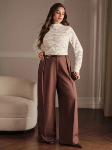 Anewsta Puls 時尚極簡現代優雅寬腿直筒西裝長褲 女款大尺碼 外出穿搭 - 鏽棕色 - 查看 5