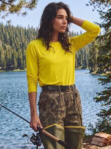 Exploreva Women's Solid Color Round Neck Long Sleeve Daily Fitness Outdoor T-Shirt - Mustard Yellow - View 6