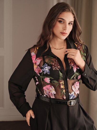 Anewsta New Sheer Mesh Beaded Embroidered Chiffon Shirt Collar Long Sleeve Modern Versatile Commute Party Elegant Plus Size Women Blouse