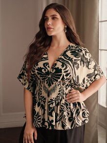 Anewsta Spring/Summer New Elegant Fashion Casual Outing Holiday Festival Date Party Vacation Textured Print Ruched Drop Shoulder Plus Size Women's Top - Khaki - View 6
