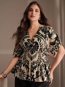 Anewsta Spring/Summer New Elegant Fashion Casual Outing Holiday Festival Date Party Vacation Textured Print Ruched Drop Shoulder Plus Size Women's Top - Khaki - View 4