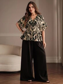Anewsta Spring/Summer New Elegant Fashion Casual Outing Holiday Festival Date Party Vacation Textured Print Ruched Drop Shoulder Plus Size Women's Top - Khaki - View 5