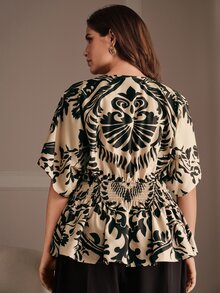 Anewsta Spring/Summer New Elegant Fashion Casual Outing Holiday Festival Date Party Vacation Textured Print Ruched Drop Shoulder Plus Size Women's Top - Khaki - View 7