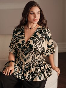 Anewsta Spring/Summer New Elegant Fashion Casual Outing Holiday Festival Date Party Vacation Textured Print Ruched Drop Shoulder Plus Size Women's Top - Khaki - View 1
