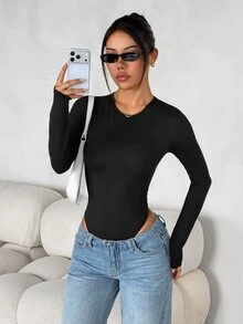 SHEIN PETITE Women's Solid Color Fitted Versatile Daily Wear Everyday Long Sleeve Bodysuit Black Autumn Minimalist Simple All-Match,Petite - Black - View 5