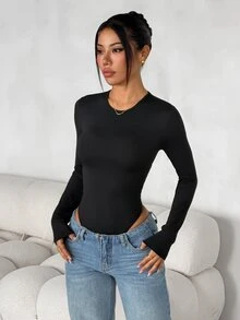 SHEIN PETITE Women's Solid Color Fitted Versatile Daily Wear Everyday Long Sleeve Bodysuit Black Autumn Minimalist Simple All-Match,Petite - Black - View 7
