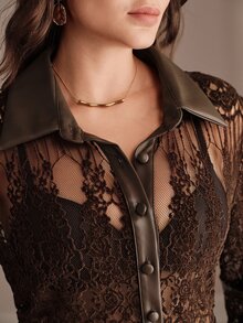 Anewsta Fall New Premium Chenille Lace & Leather Patchwork Brown Shirt Blouse , Luxury Lapel Collar Plus Size Long Sleeve Top Halloween Date Night - Brown - View 2